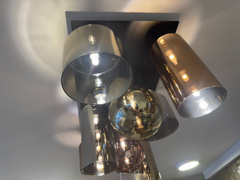 Issia Satin Black Rectangle 8 Light Flush With Mixed Glass Shades