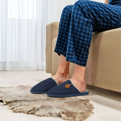 Mens Slip On Faux Fur Mule Slipper - Navy