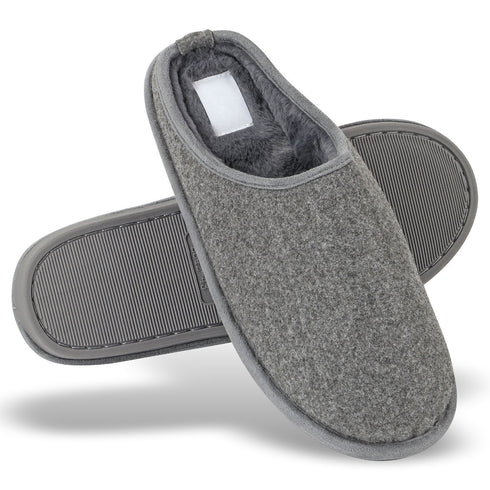 Mens Slip On Fleece Faux Fur Mule Slipper - Grey