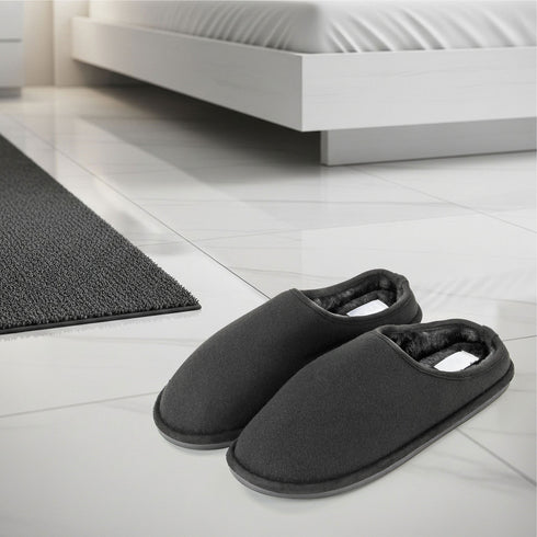 Mens Slip On Fleece Faux Fur Mule Slipper - Grey