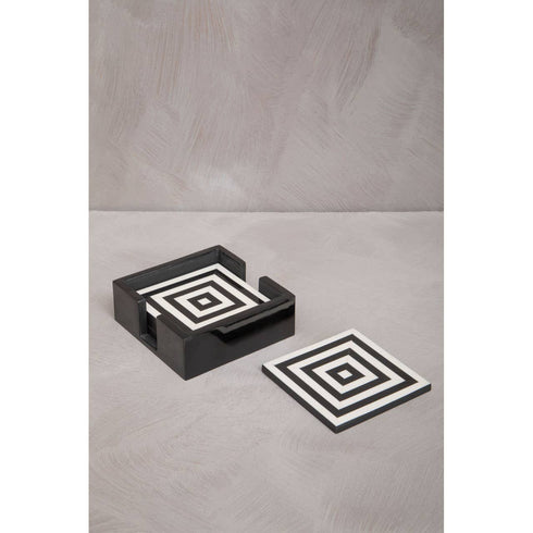 Donato Set of 4 Black & White Stripe Coasters with Holder