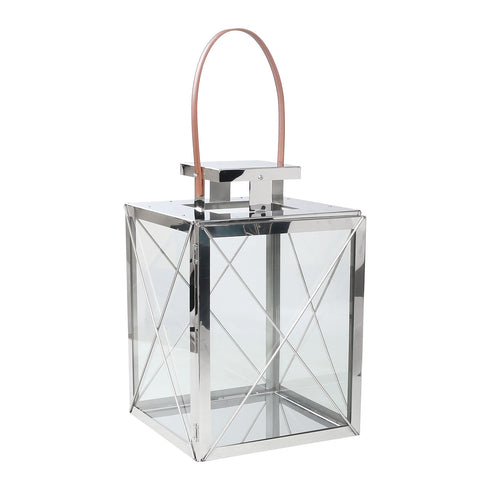 Chrome & Tan Leather Strap Lantern