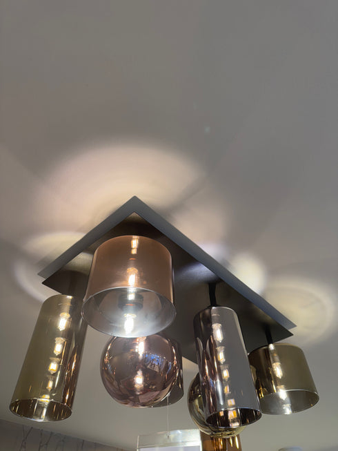 Issia Satin Black Rectangle 8 Light Flush With Mixed Glass Shades