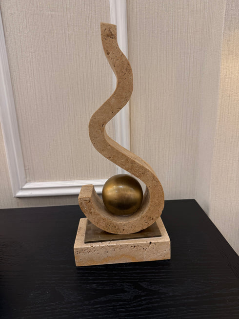 Travertine & Brass Swirl Sculpture