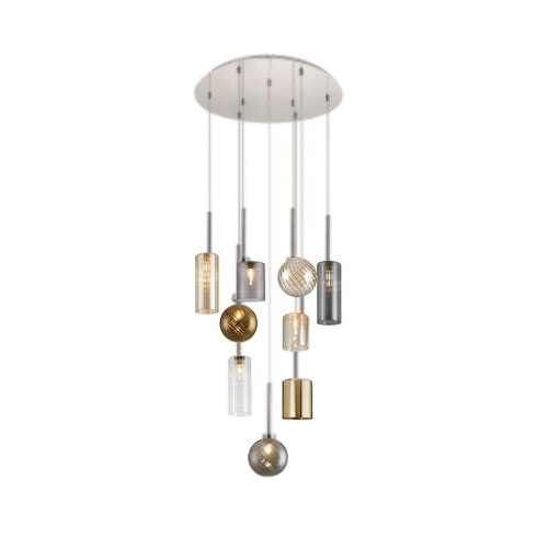 Issia Polished Chrome 9 Light Round Pendant With Mixed Glass Shades