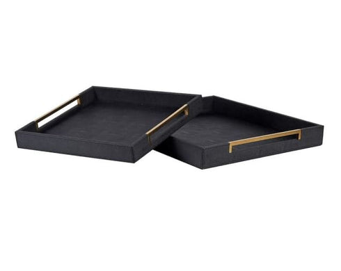 Set of 2 Gold and Black Faux Shagreen Trays