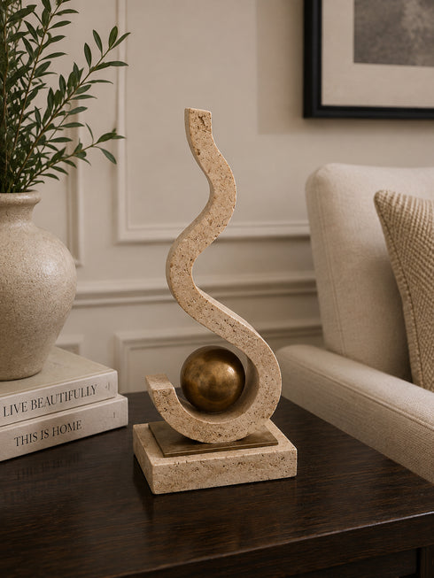 Travertine & Brass Swirl Sculpture