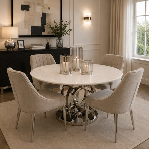 Zara 4 Seater Stainless Steel and White Marble Dining Table