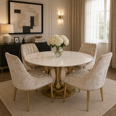 Zara 4 Seater Round Dining Table Gold - White Marble