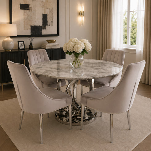 Zara 4 Seater Round Dining Table Silver - Grey Marble