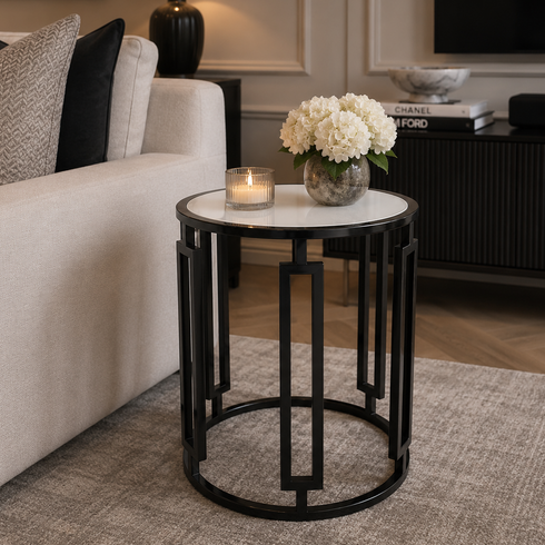 PRE-ORDER Ovada Top Side Table - Gunmetal Black & White Marble
