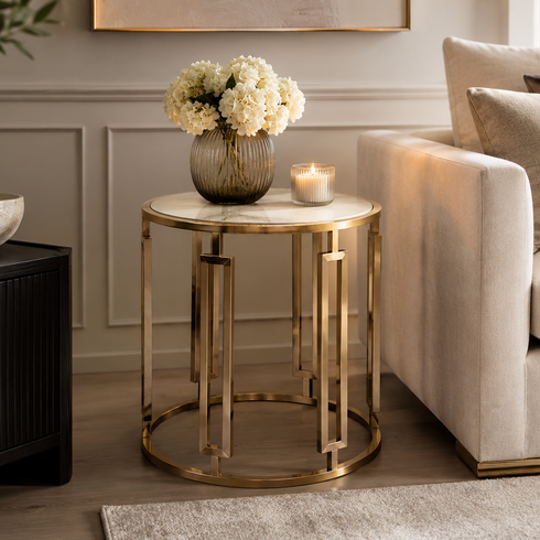 Ovada Top Side Table - Gold & White Marble