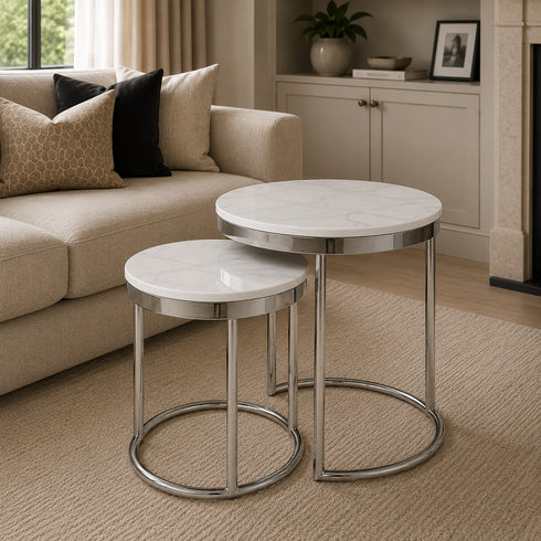 Hudson 2pc Nest End Table Stainless Steel - White Marble