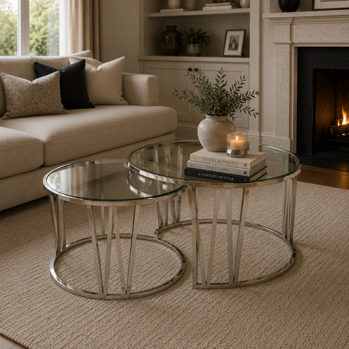 Mila Coffee Table Set Silver - Clear Glass