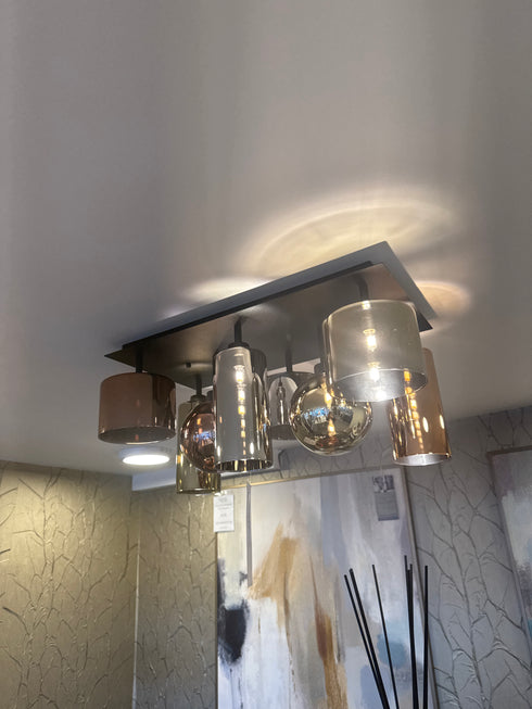 Issia Satin Black Rectangle 8 Light Flush With Mixed Glass Shades