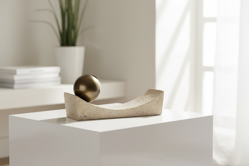 PRE-ORDER Curved Travertine With Brass Sphere
