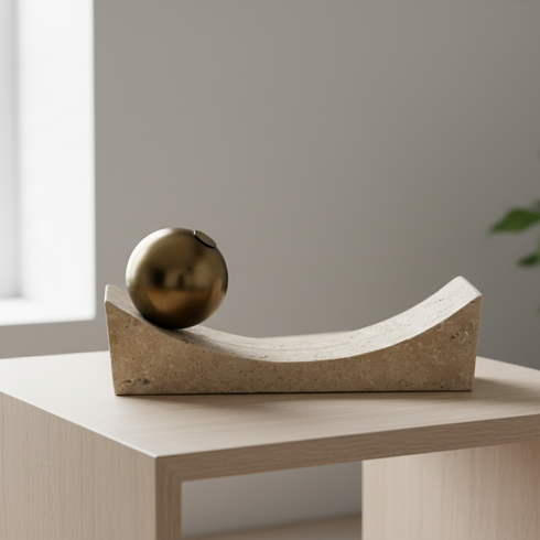 PRE-ORDER Curved Travertine With Brass Sphere