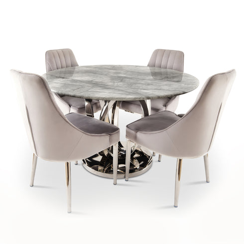 Zara 4 Seater Round Dining Table Silver - Grey Marble