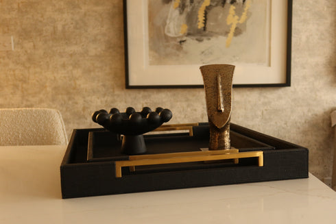 Set of 2 Gold and Black Faux Shagreen Trays